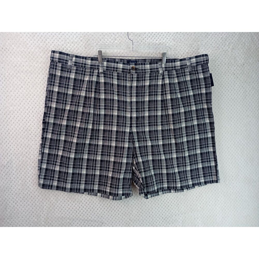 Harbor Bay by DXL Men's 56 Black White Plaid Pleated Cotton Comfort Shorts